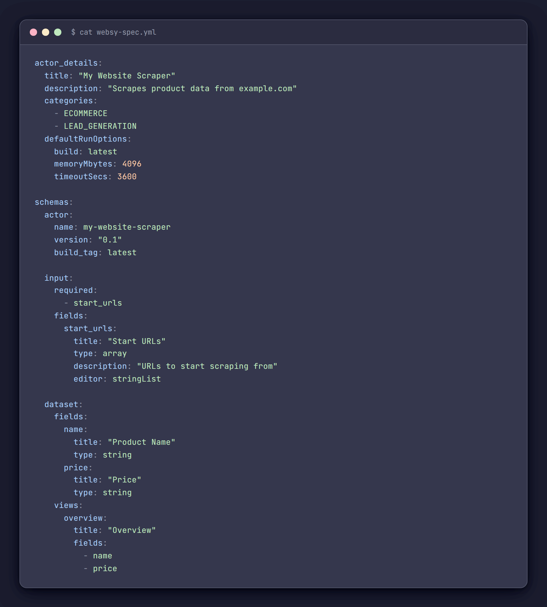 Websy YAML spec example