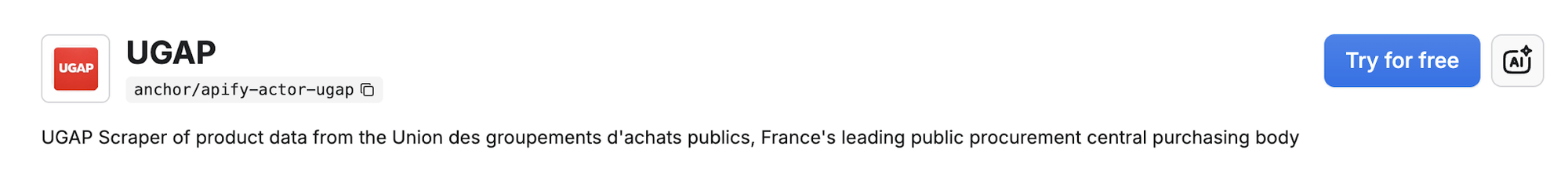 Apify Actor page for UGAP Website Scraper showing the overview