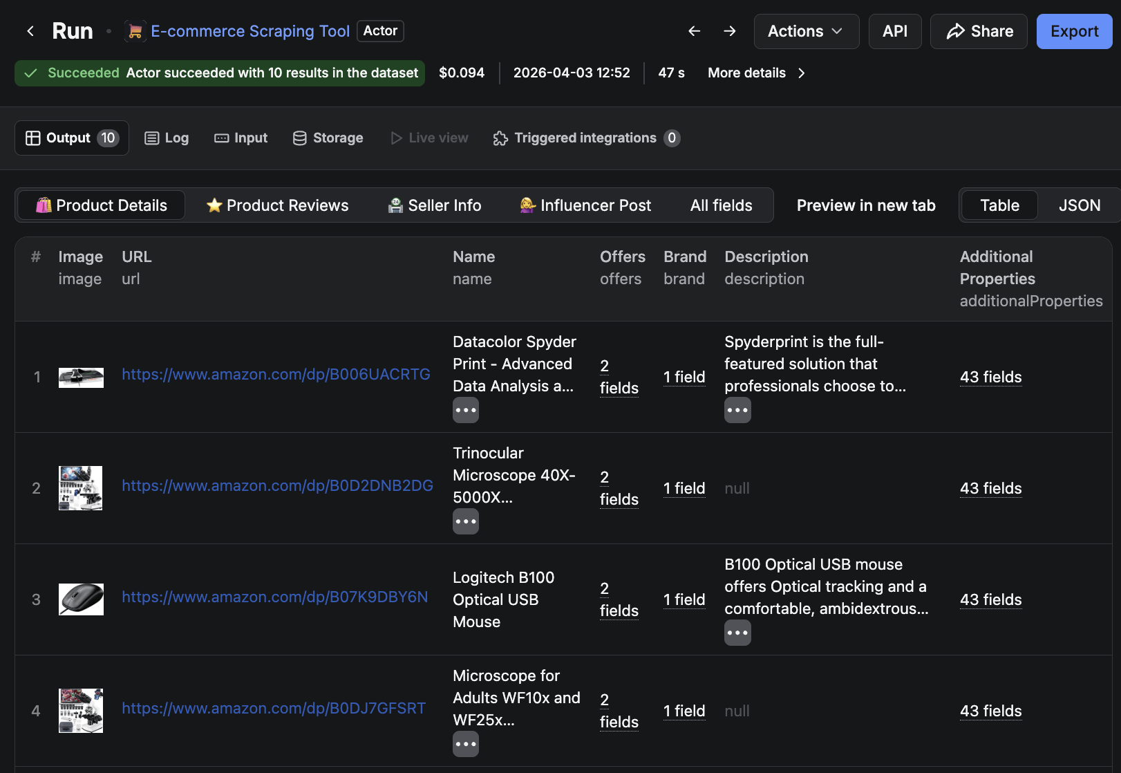 E-commerce Scraping Tool results