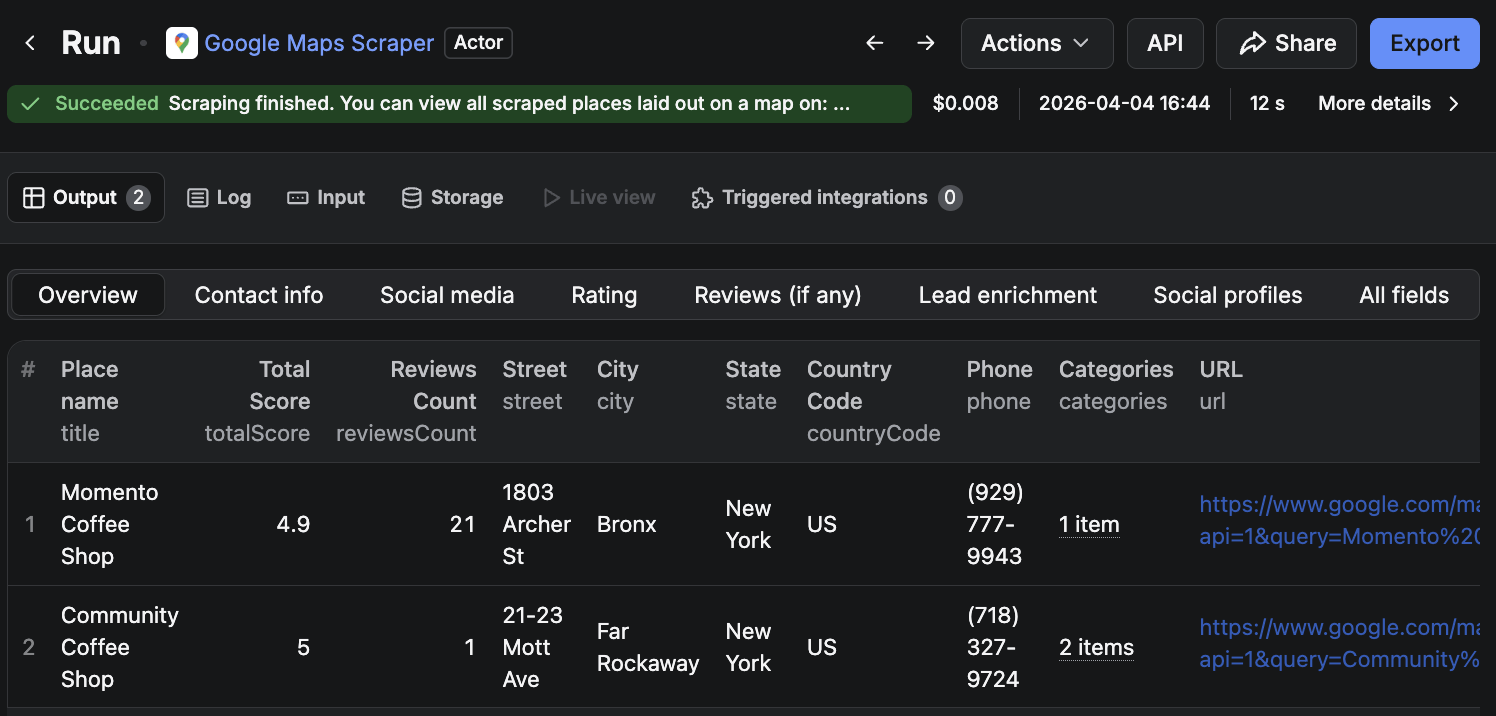 Google Maps Scraper results
