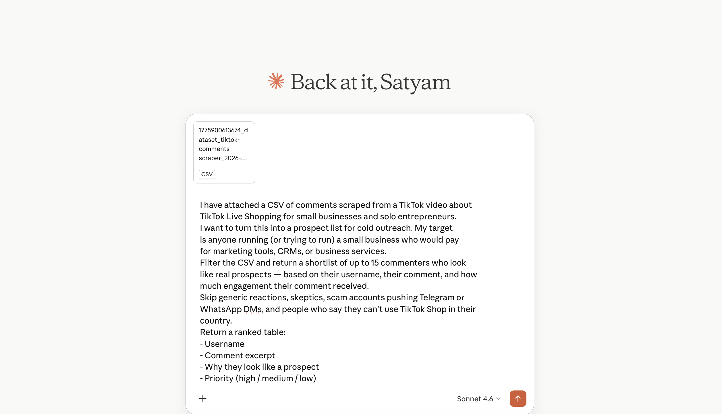Comments CSV uploaded to Claude with a prompt asking to filter commenters into a ranked prospect shortlist