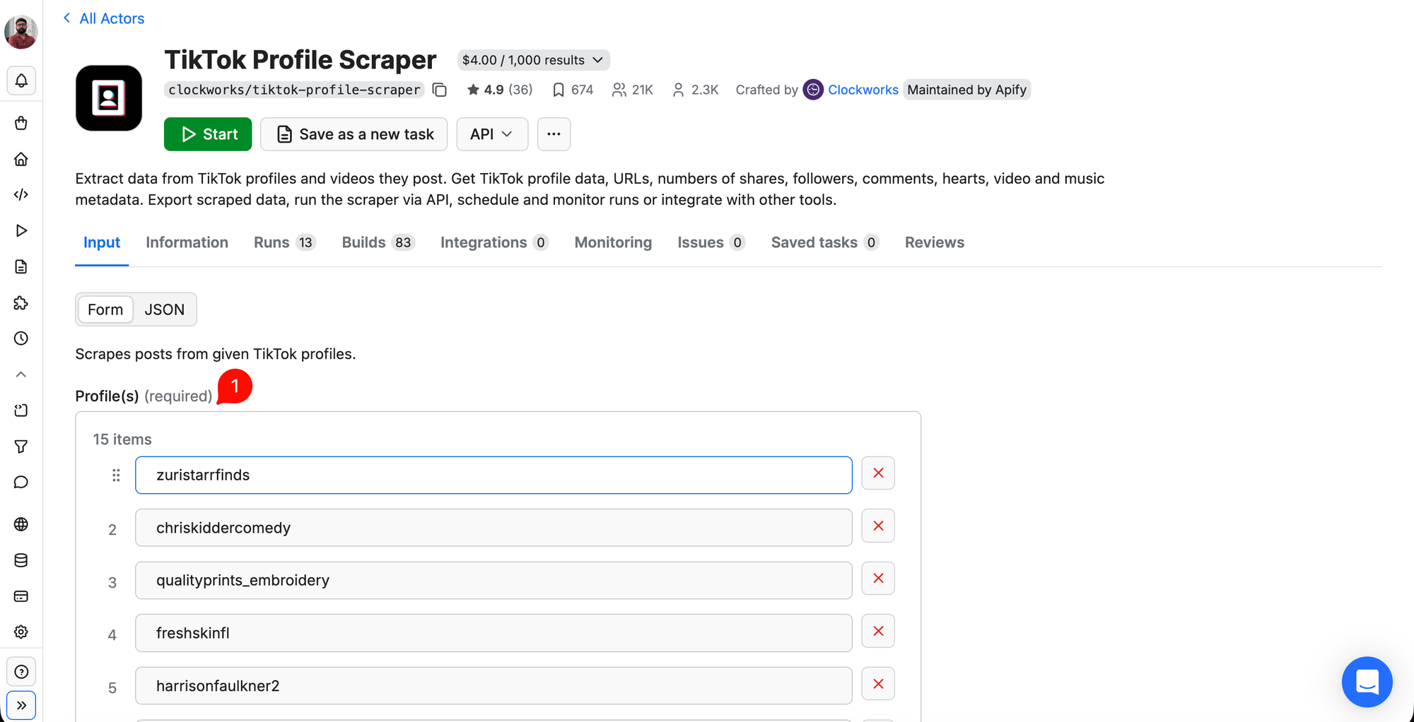 TikTok Profile Scraper input form with 15 shortlisted usernames in the Profile(s) field