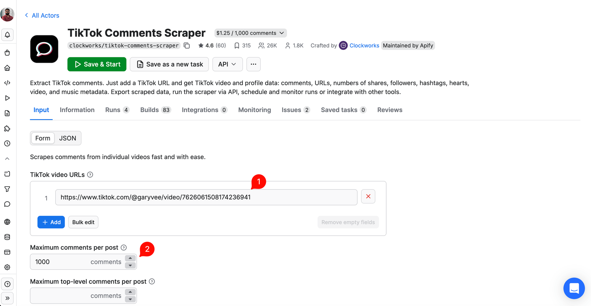 TikTok Comments Scraper input form with video URL and maximum comments fields marked