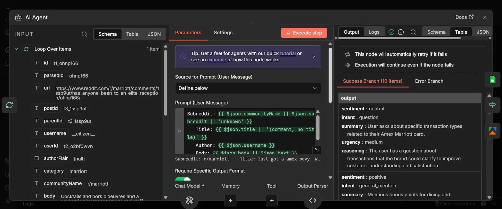 n8n AI agent node display