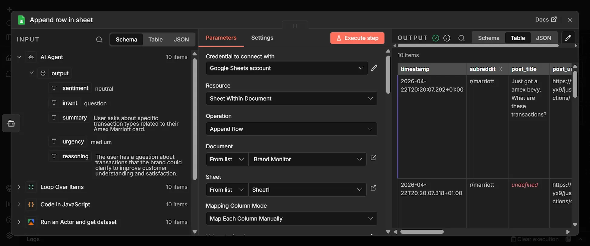 n8n "Append row in sheet" (Google Sheets) node