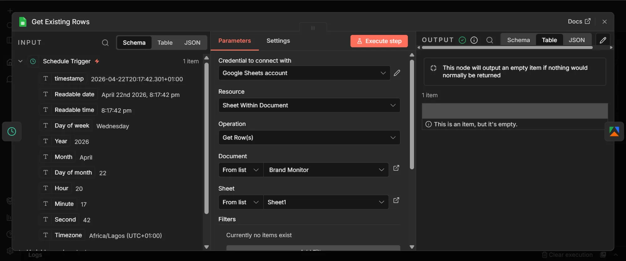n8n "Get existing rows" (Google sheets) node display