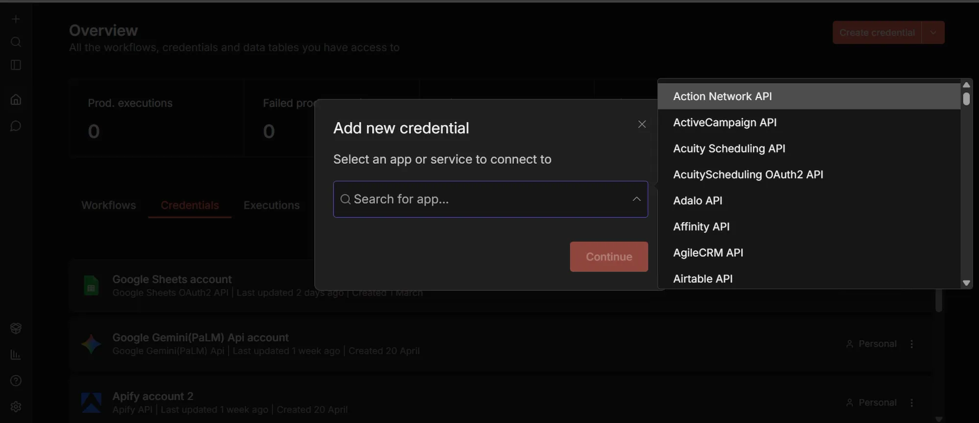 n8n 'add new credential' popup page