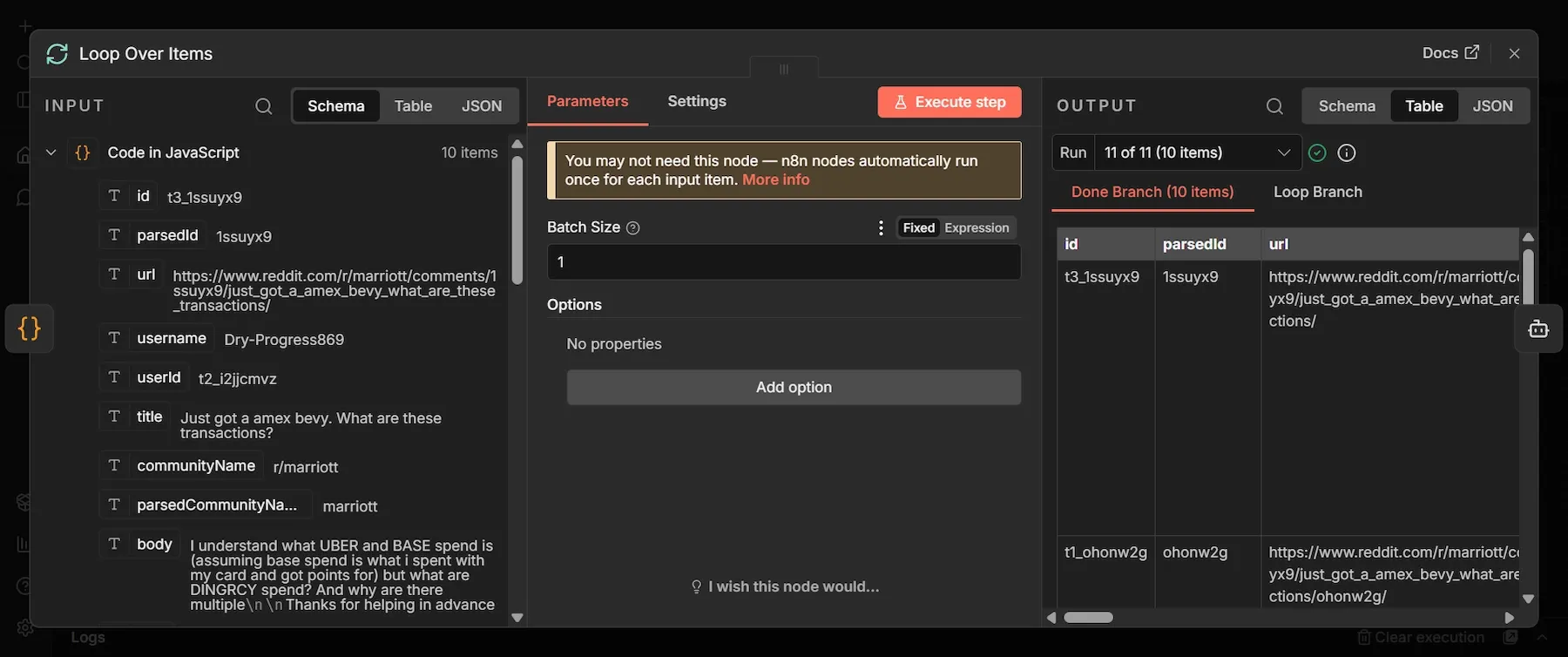 n8n "Loop over items" node display