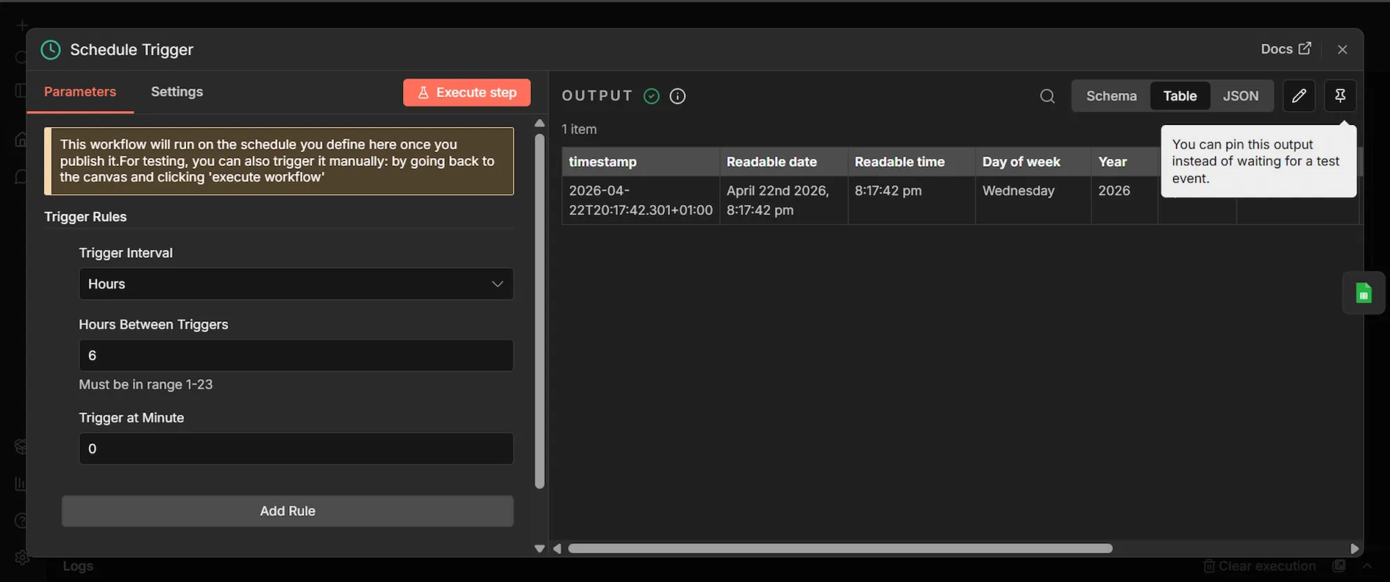 n8n "Schedule trigger" node display