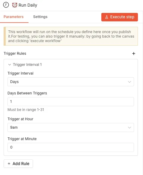 n8n Schedule Trigger node - daily runs