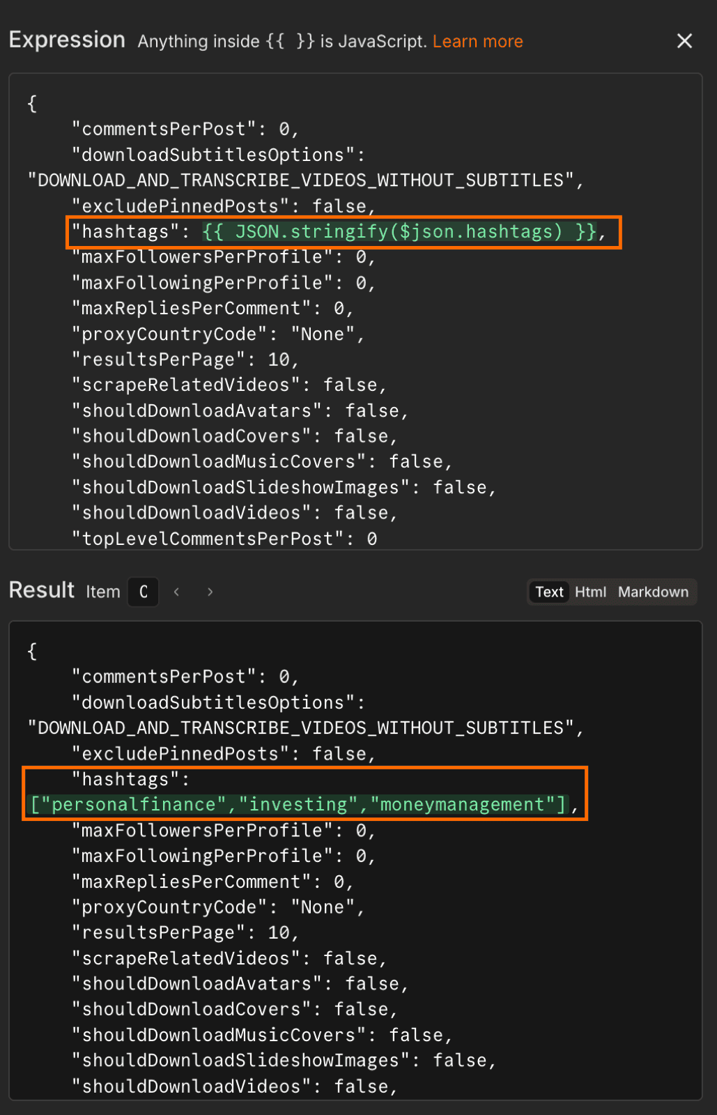 Map input hashtags to Actor input JSON