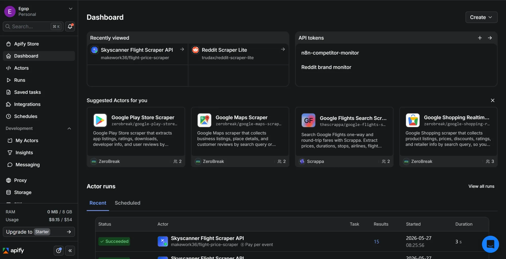 Image of Apify console dashboard
