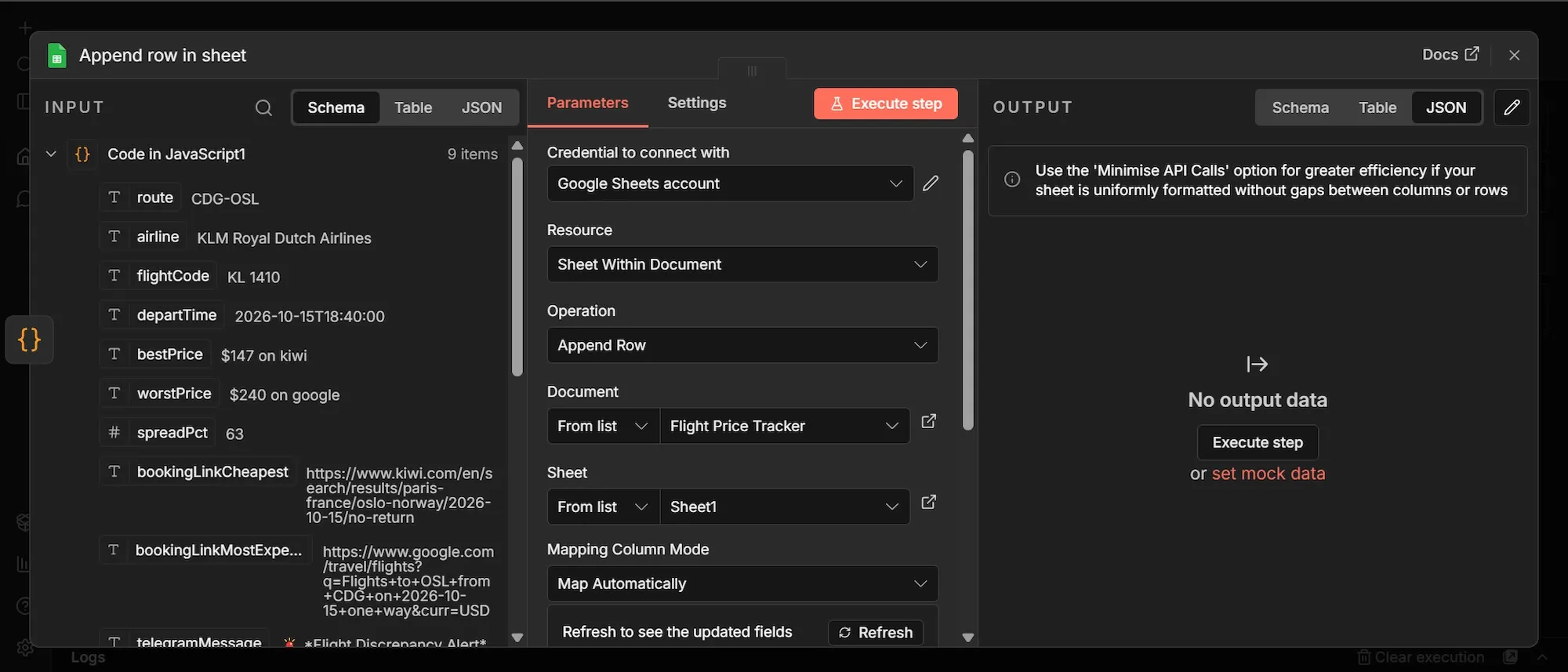 n8n "Append row in sheet" (Google Sheets) node