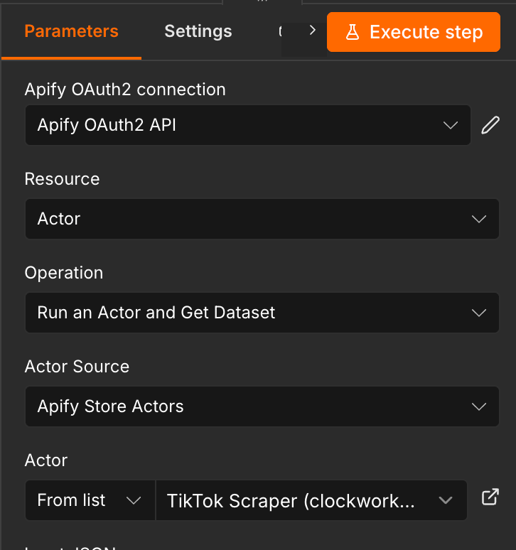 Connecting Apify account and selecting the Actor