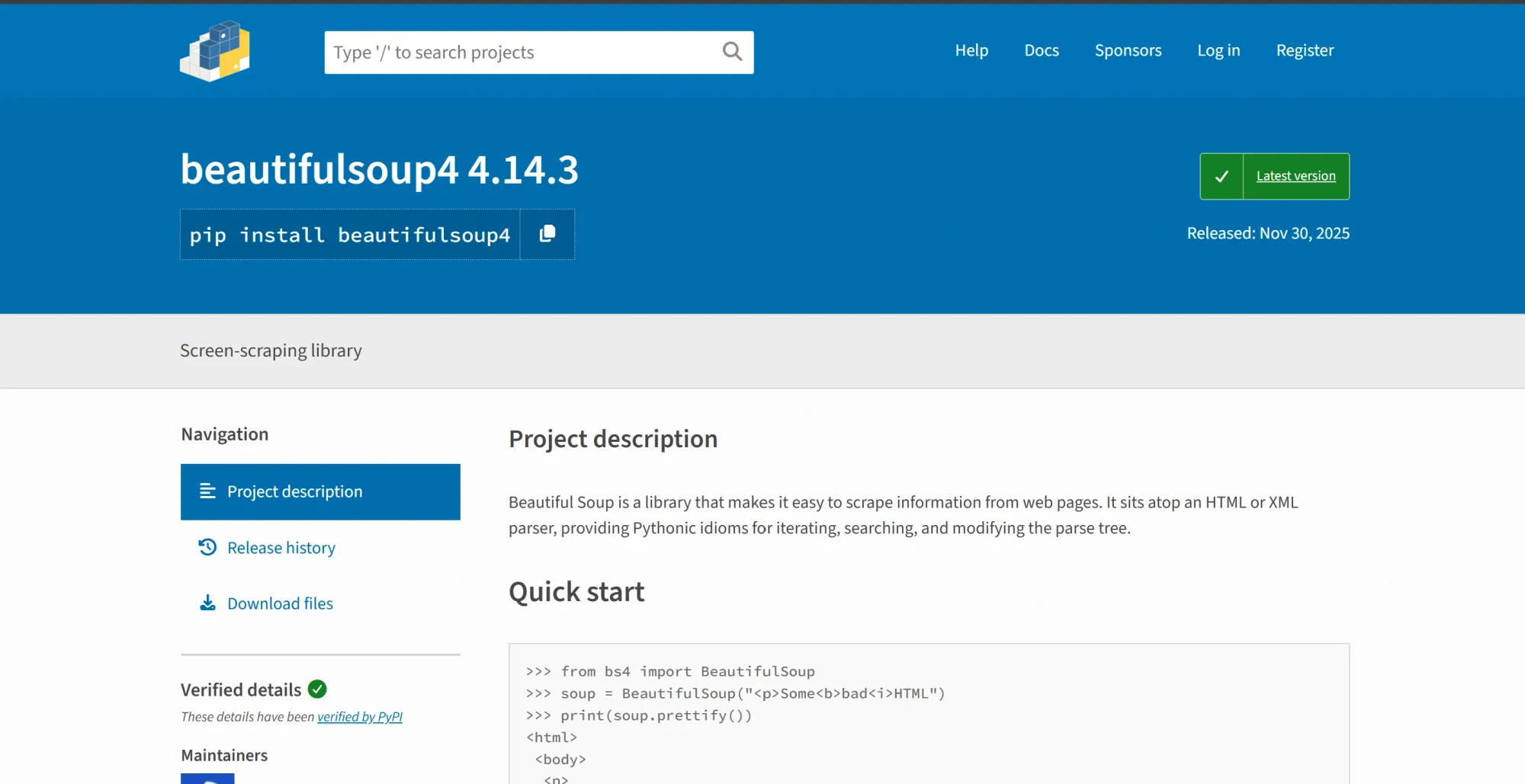 Image of BeautfulSoup download on PyPi homepage
