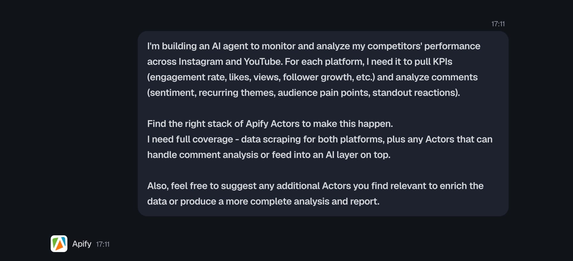 Chat prompt to the Apify Agent asking it to find an Actor stack for monitoring competitors on Instagram and YouTube.