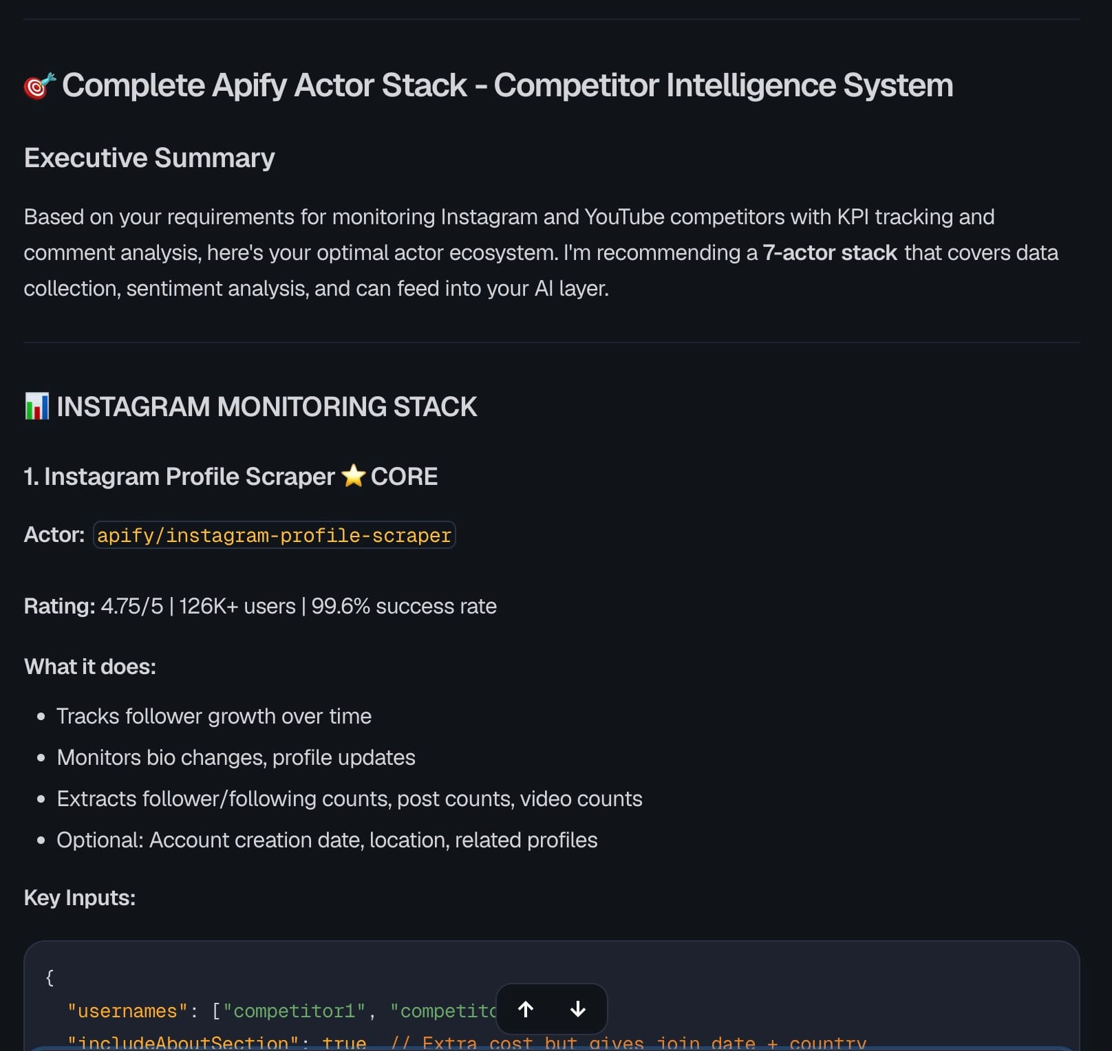 Apify Agent's recommended Actor stack for competitor intelligence, with ratings, inputs, and pricing for each scraper.