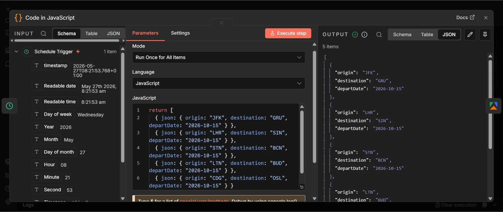 n8n "Code in JavaScript" node display