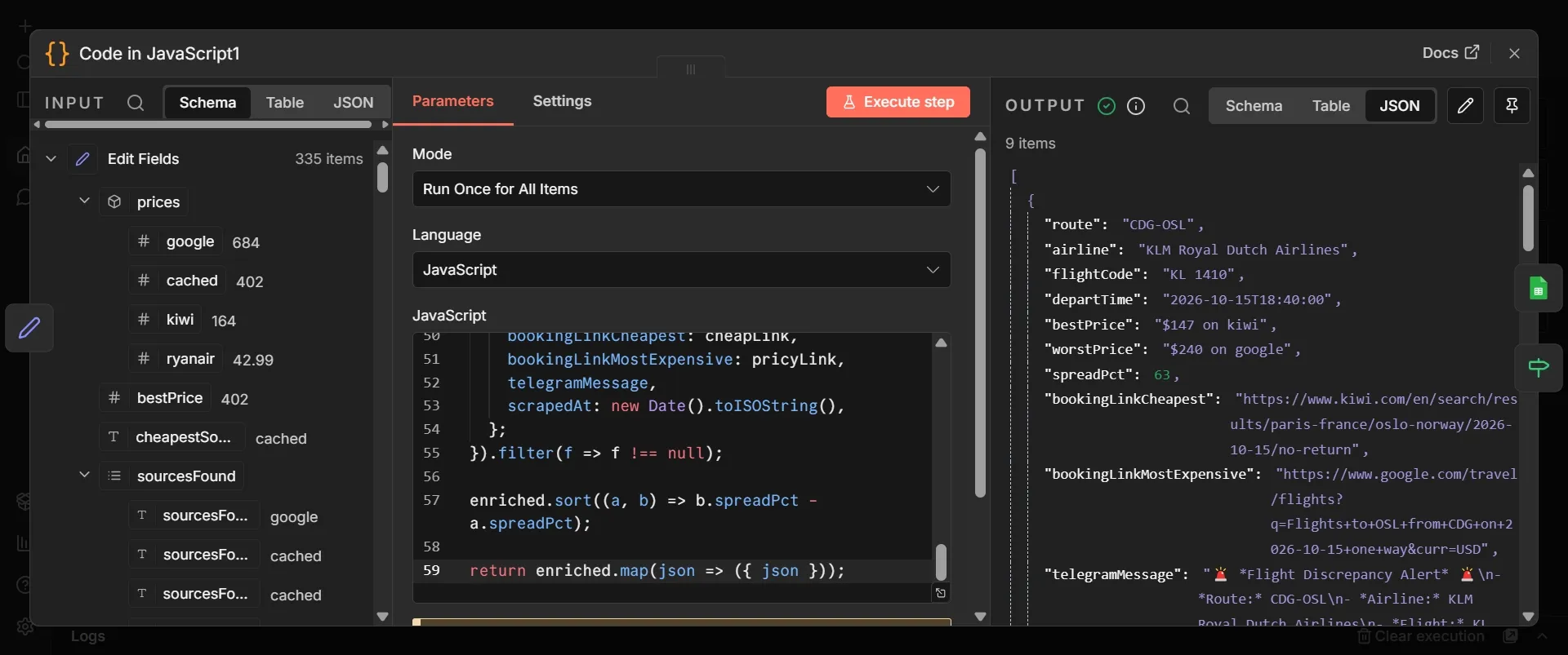 n8n "Code in JavaScript1" node display