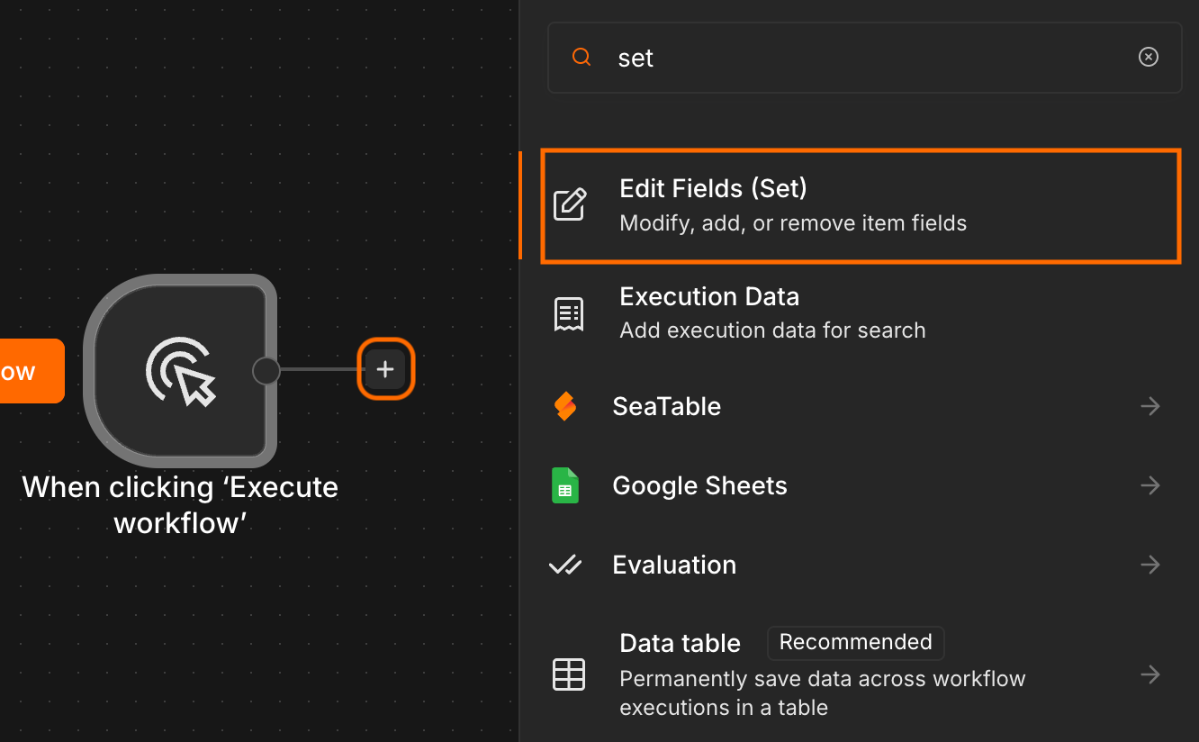 Create workflow trigger and Set node
