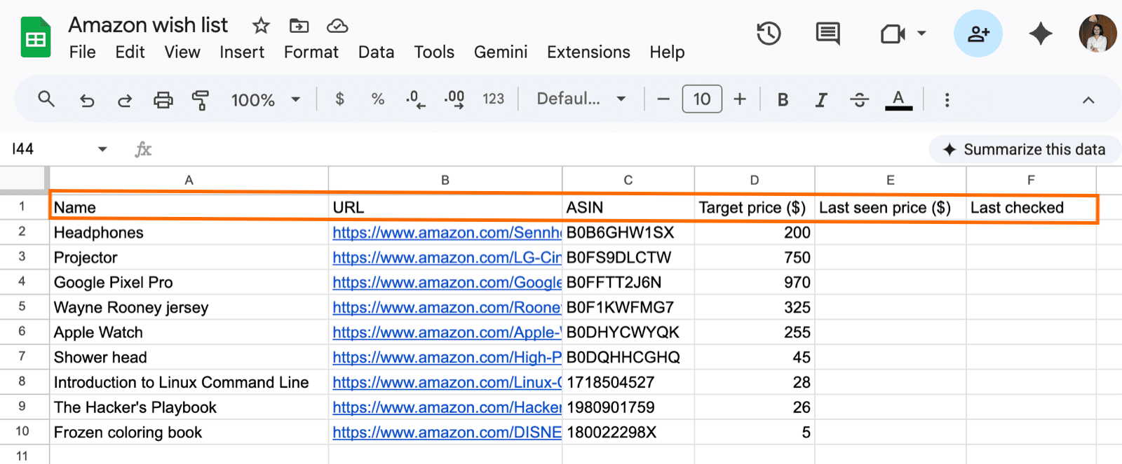 Amazon wishlist Google Sheet