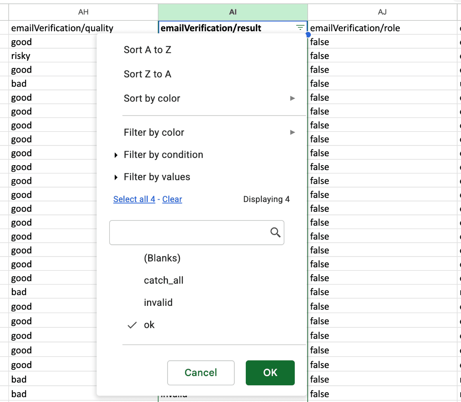 Setting up a filter in Google Sheets