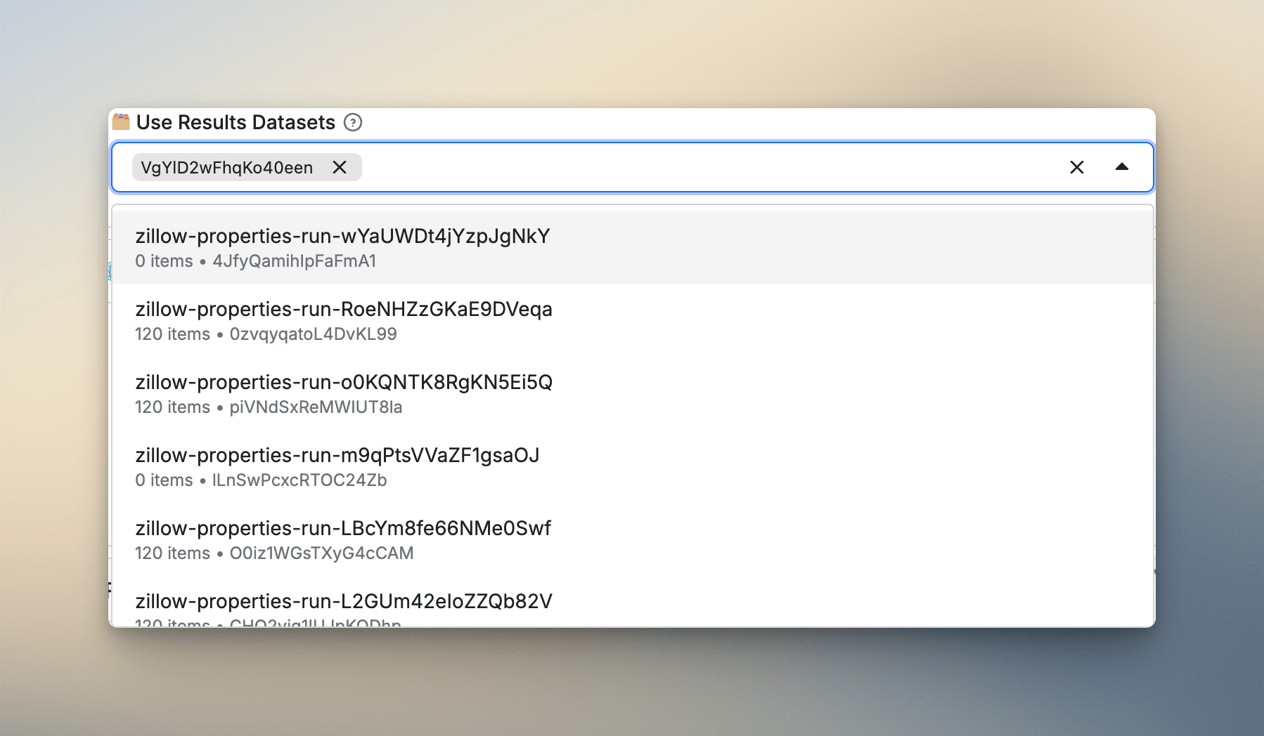 The dataset picker dropdown showing a previous search run's dataset selected