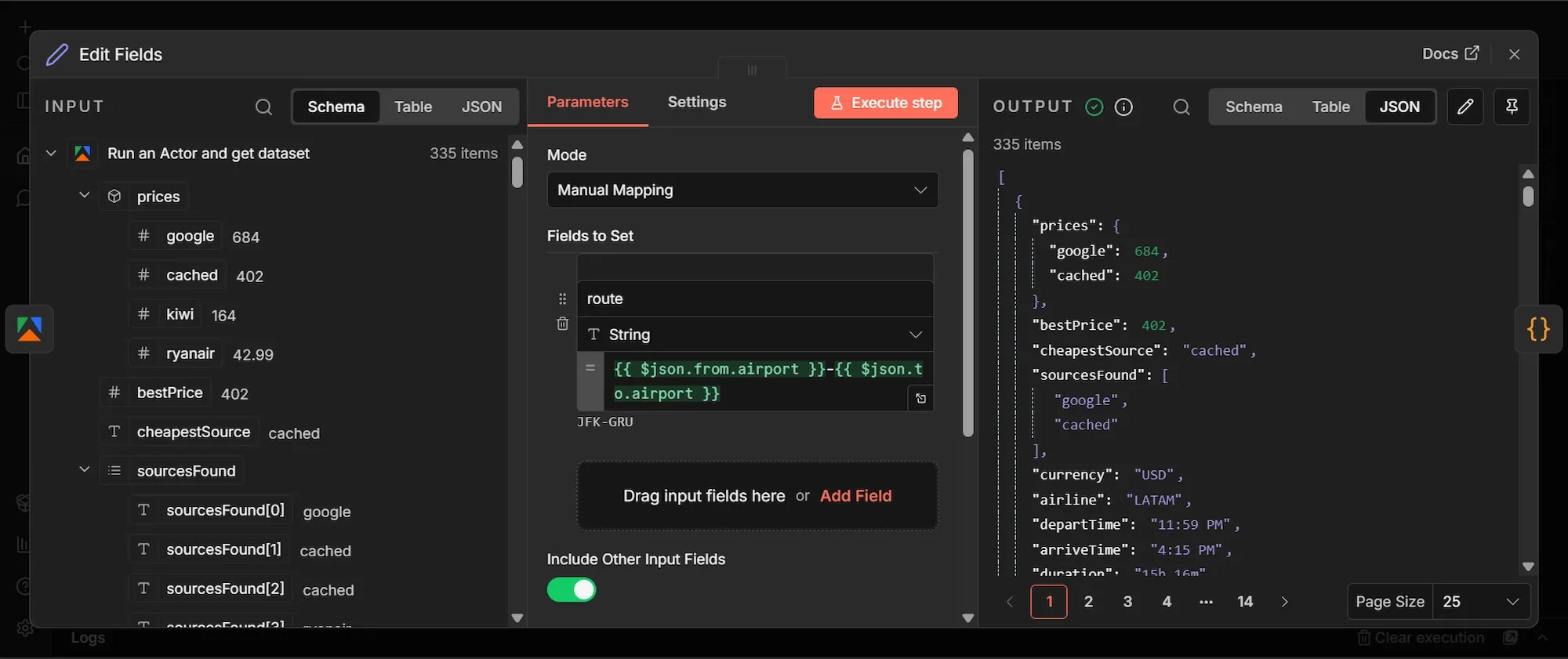 n8n "Edit Fields' node display