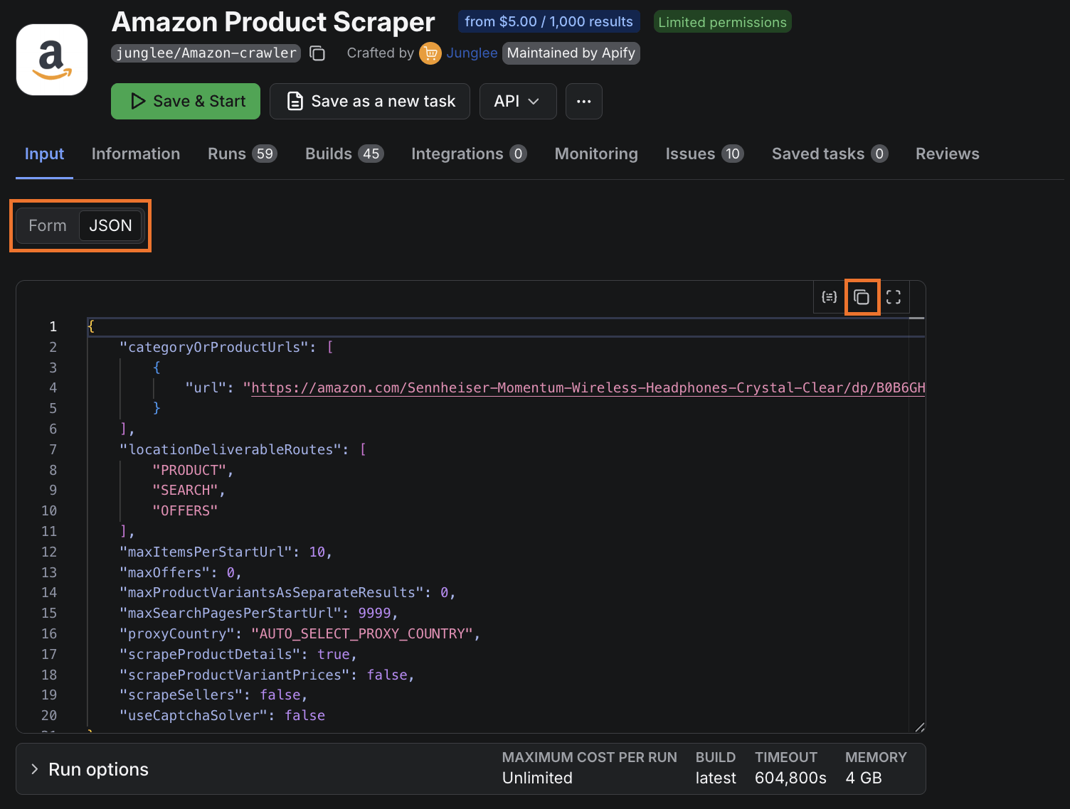 Capture input JSON from Apify Console