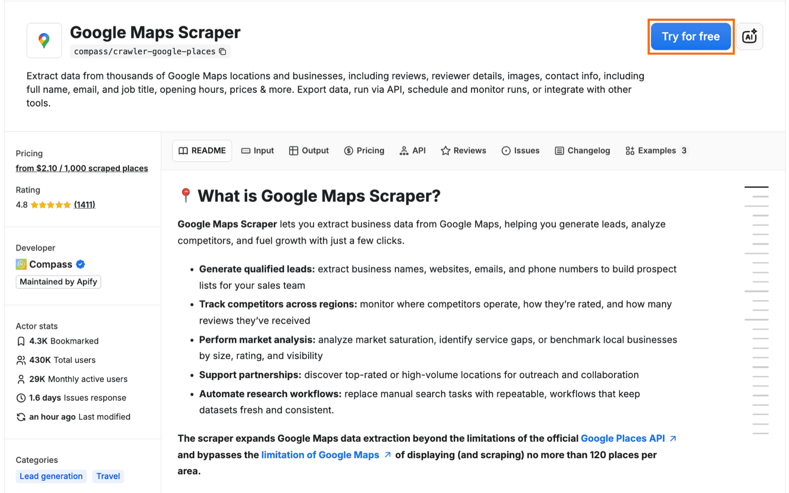 Google Maps Scraper Actor page
