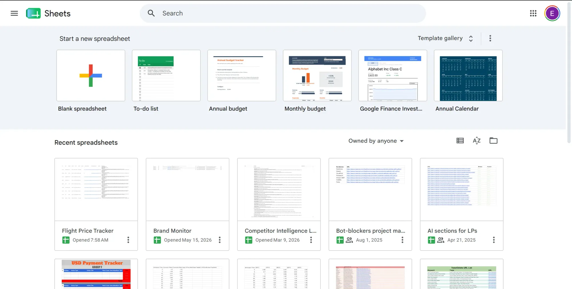 Image of Google Sheets Homescreen