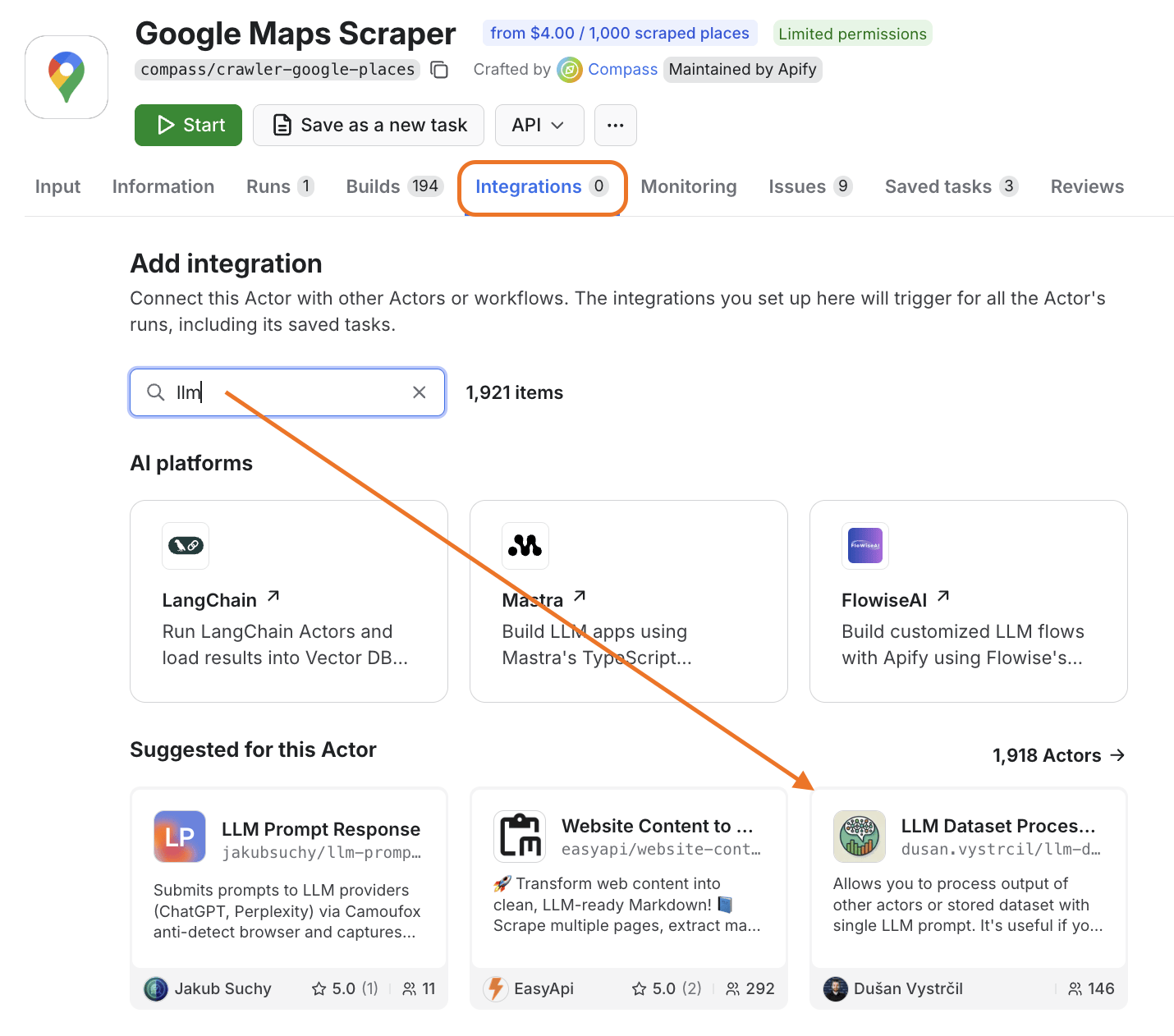 Integrate Google Maps Scraper with LLM Dataset Processor