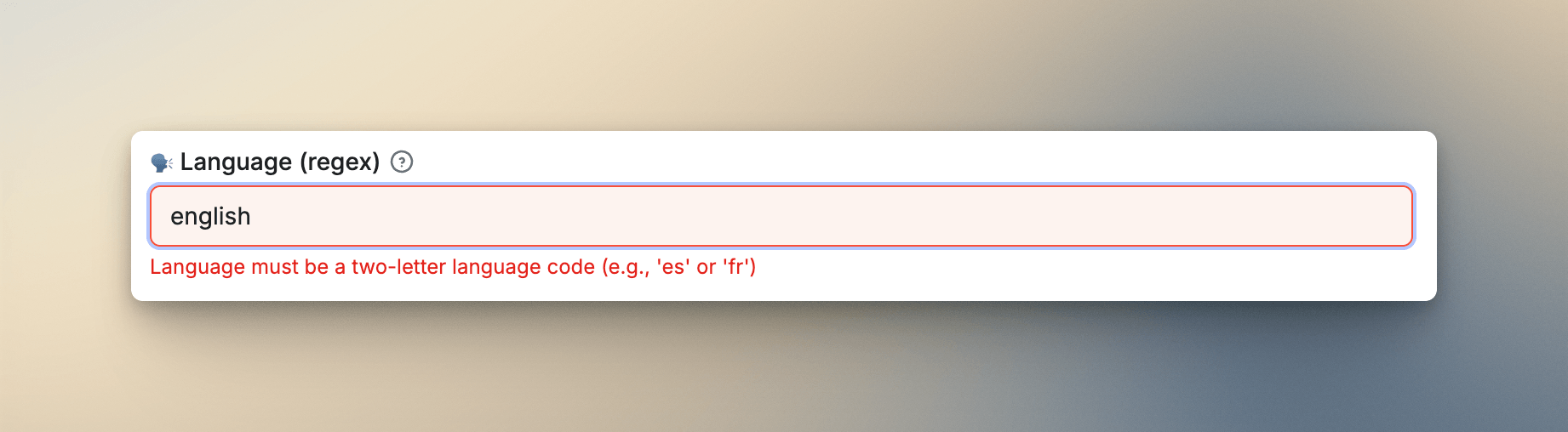The validation error message shown in the Apify UI when a pattern check fails