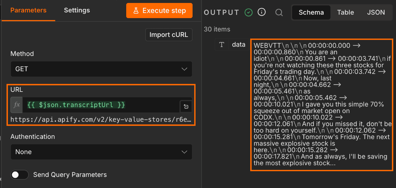 Call the transcript download endpoint via n8n