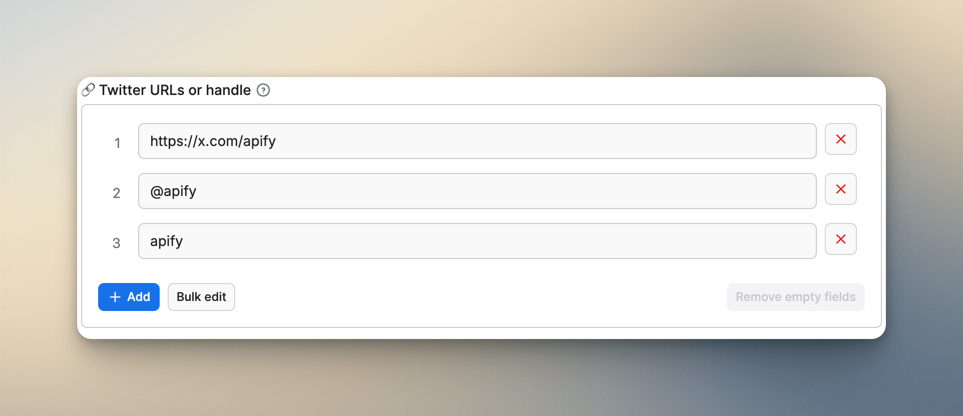 Main input field showing the multi-format placeholder examples