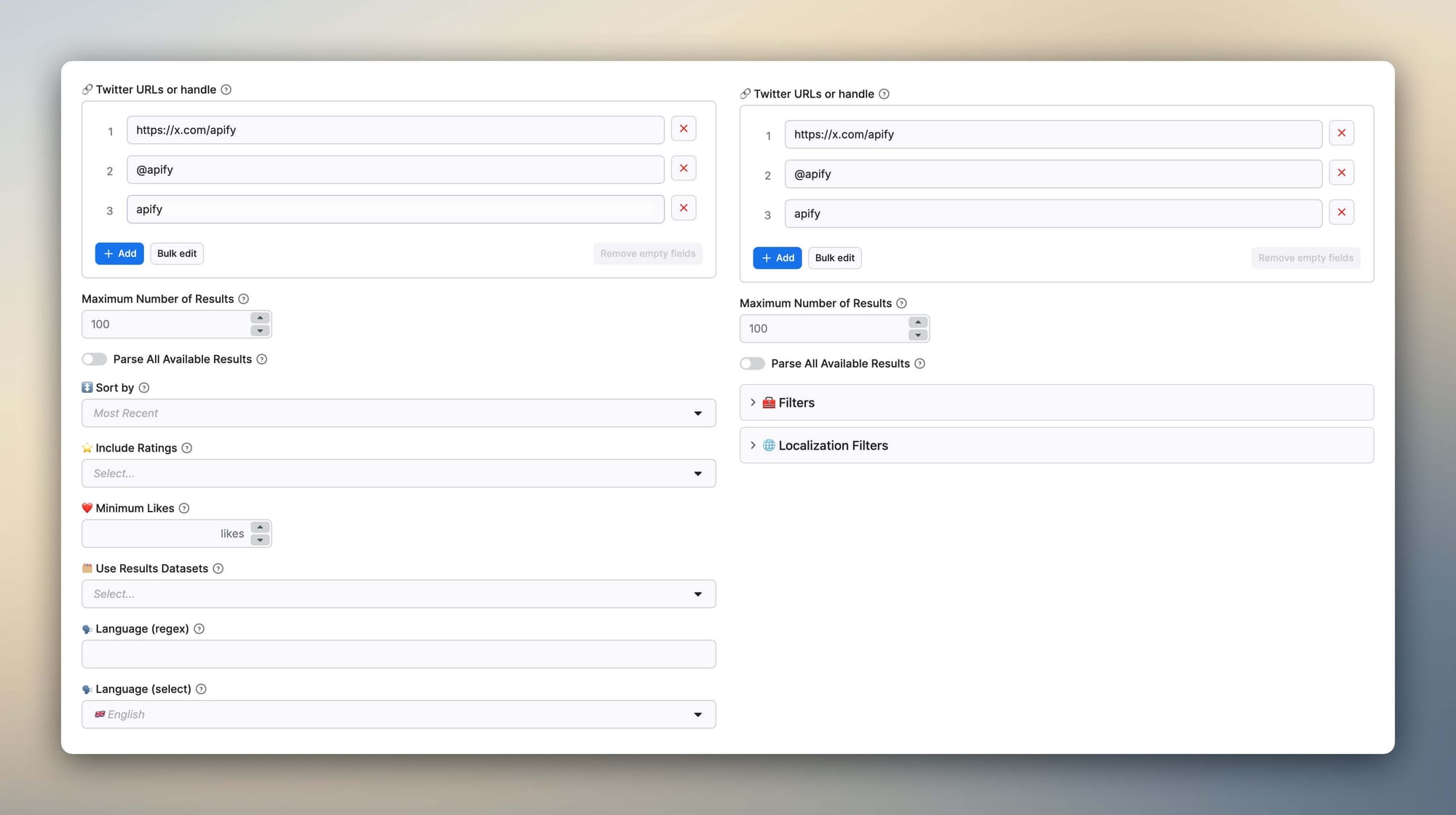 Side-by-side of a cluttered top-level schema vs clean version with a collapsed Filters section