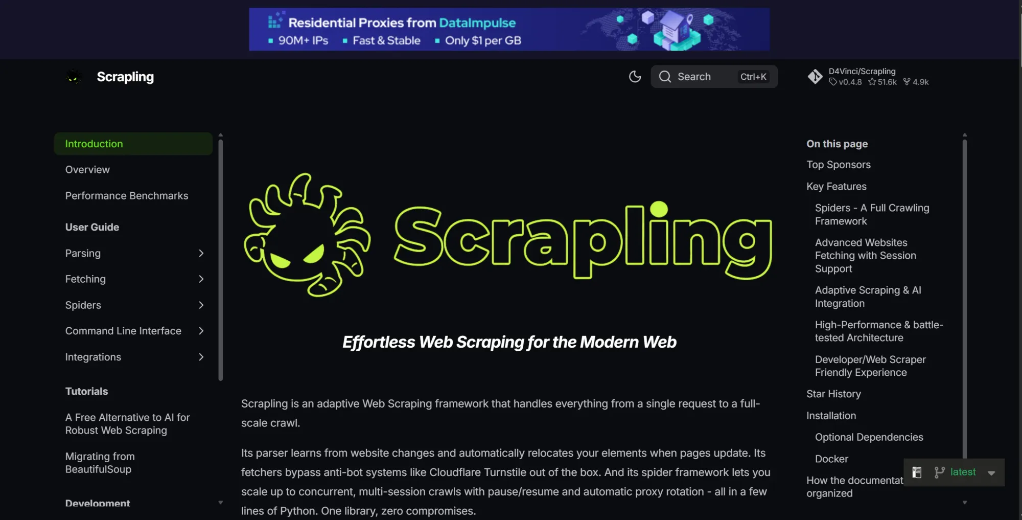 Image of scrapling homepage