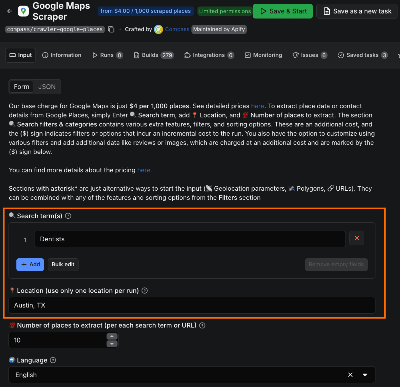 Defining search parameters