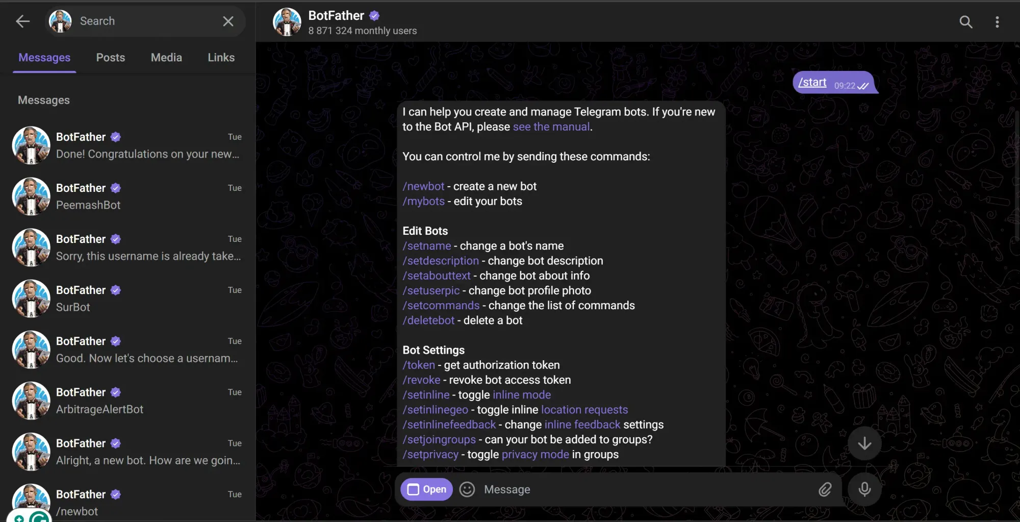 Telegram chat with Botfather 