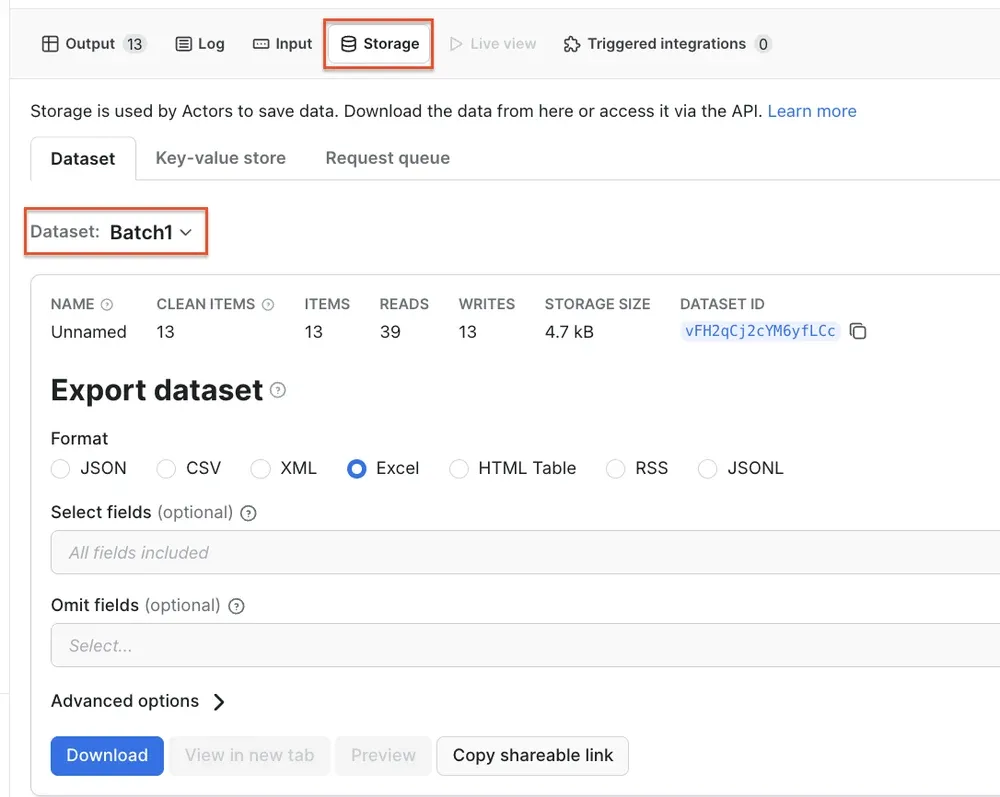 Downloading results from Storage in Apify Console