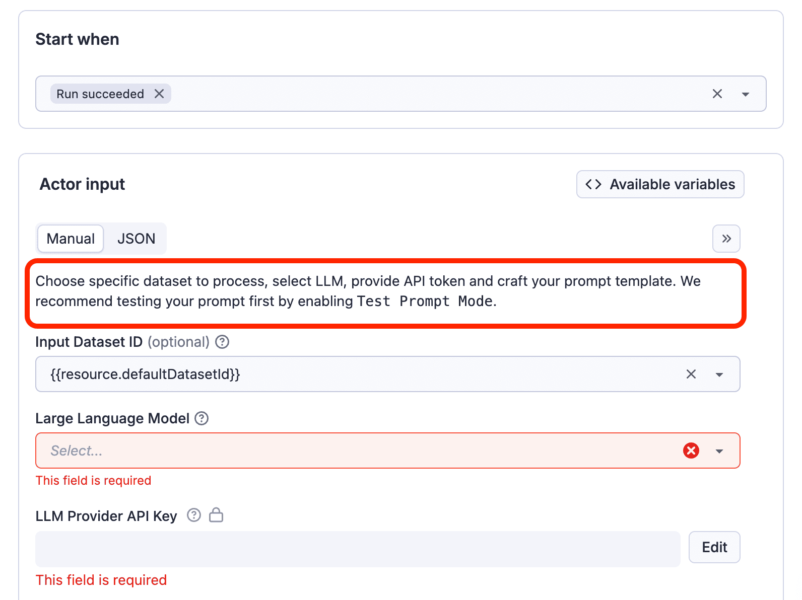 Choose a trigger, dataset, and LLM model