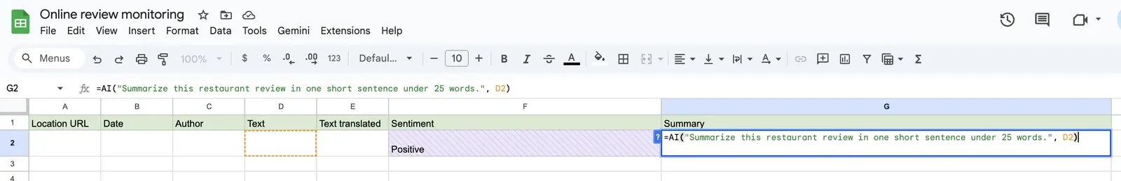 Adding the AI function to the Summary column
