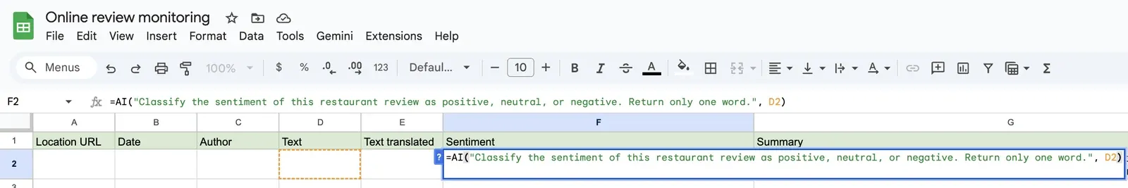 Adding the AI function to the Sentiment column