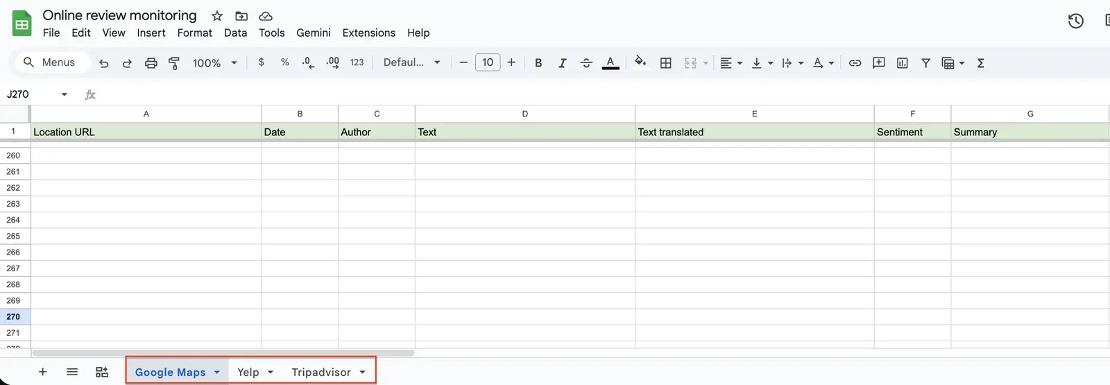 Google Sheets file prepared for data flow