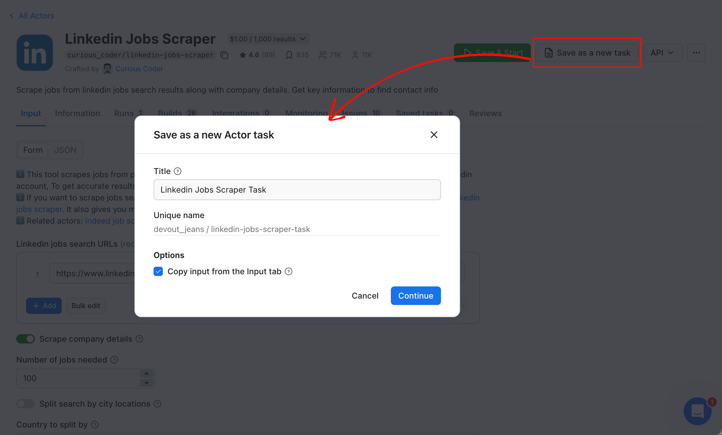 Apify Console run page for LinkedIn Jobs Scraper, with the 'Save as a new task' button highlighted at the top right. 
