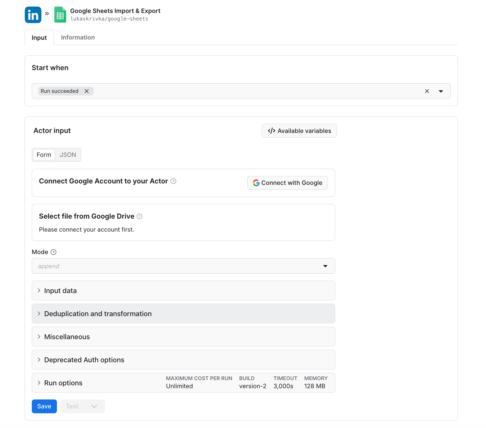Google Sheets Import & Export integration config in Apify Console
