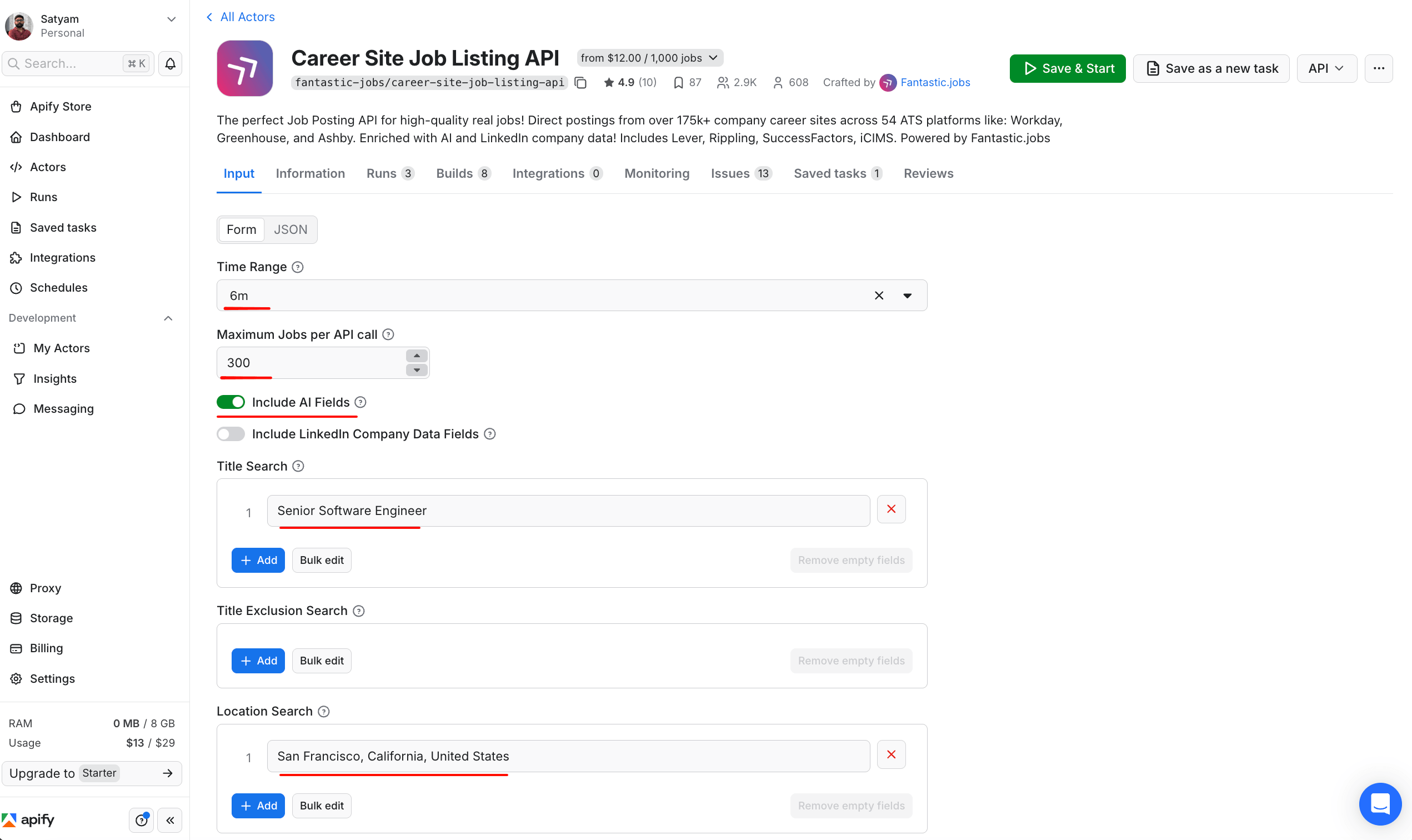 Career Site Job Listing API input form in Apify Console with the JSON values applied.