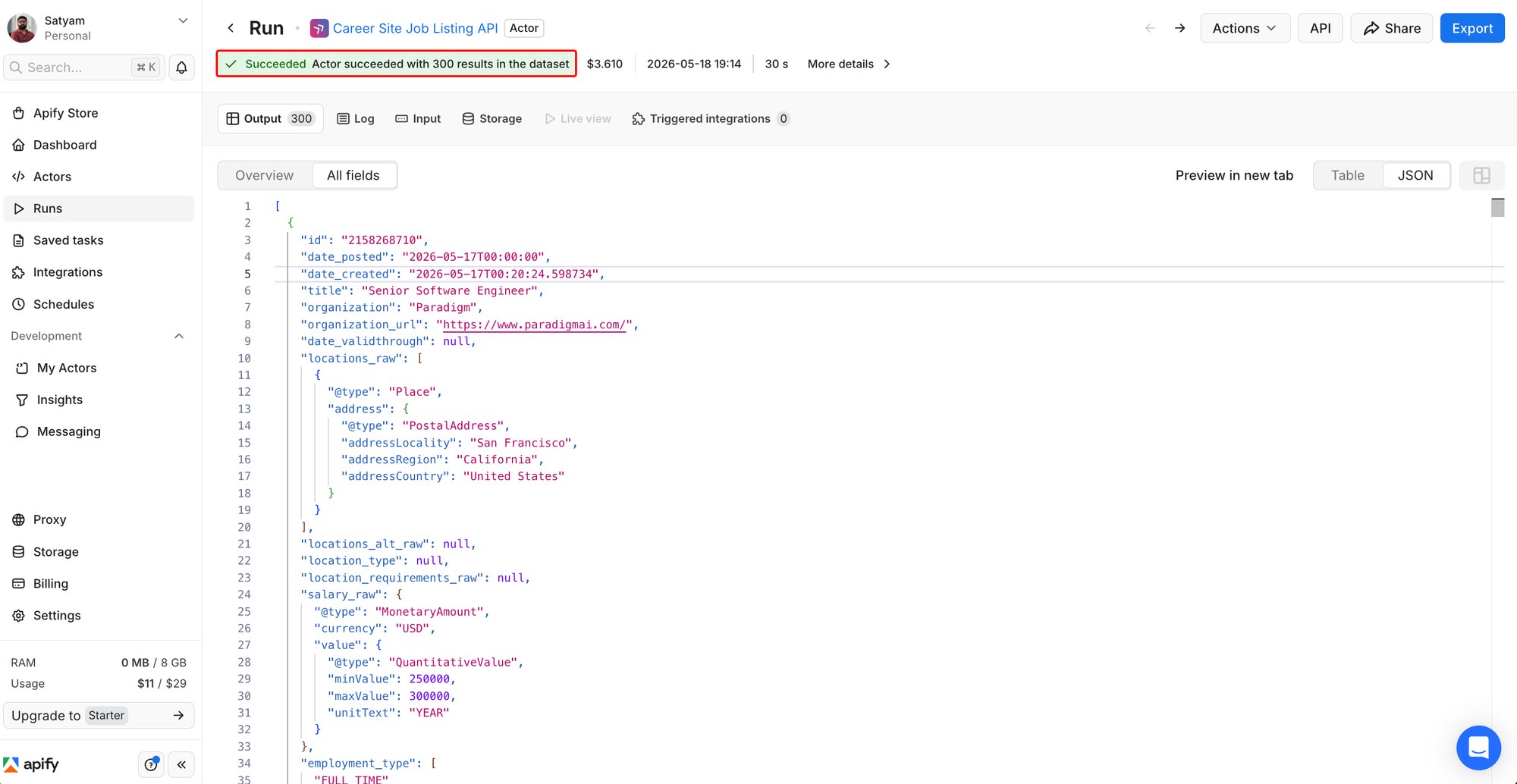 Apify Console run page: 300 results, 30 seconds, $3.61 cost. Output JSON view shows one sample record. Export button at top right.