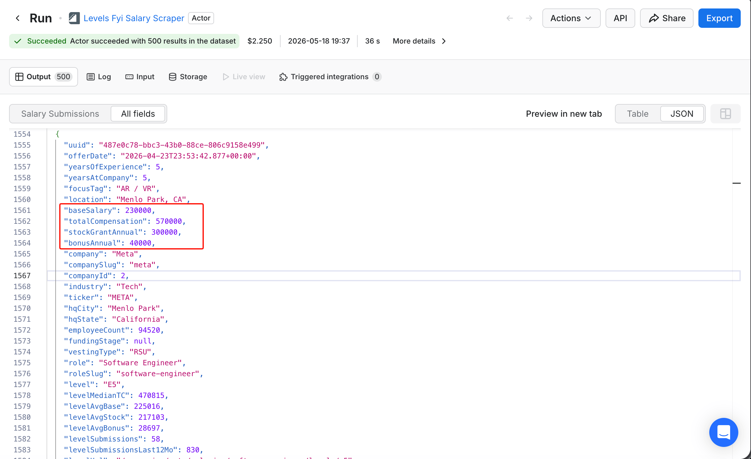 Apify Console run page for the Levels.fyi Salary Scraper. A sample Meta E5 record has a red rectangle highlighting four compensation fields: baseSalary, totalCompensation, stockGrantAnnual, bonusAnnual.