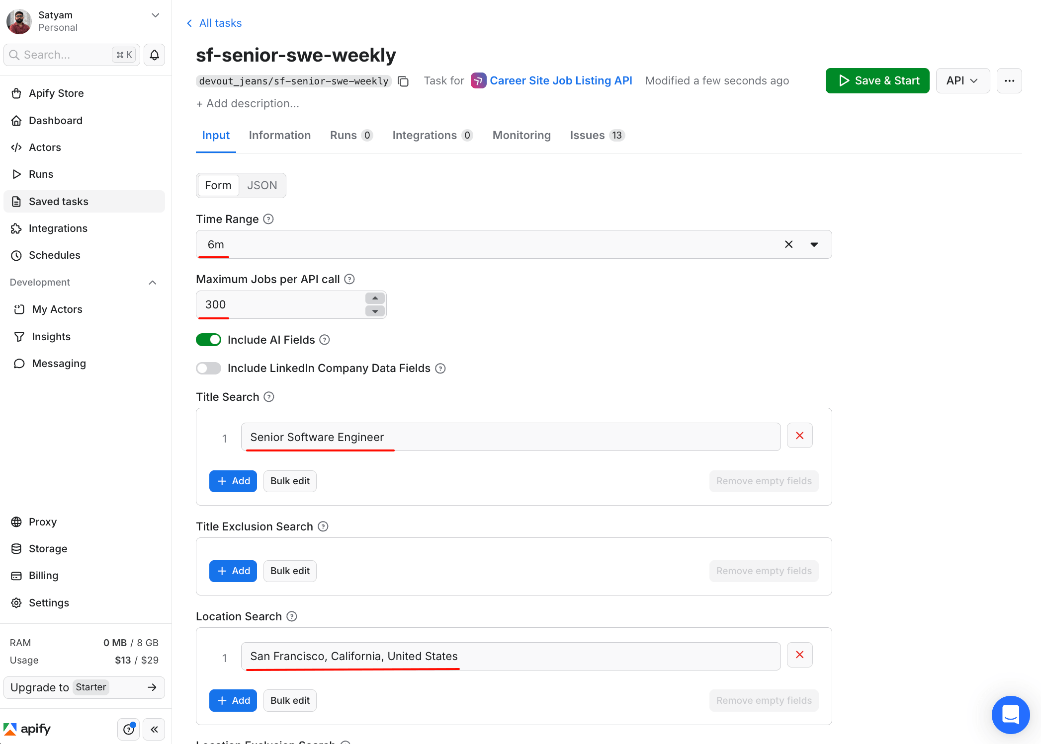 Apify Console task detail page for sf-senior-swe-weekly, showing the saved input configuration for Senior Software Engineer in San Francisco.